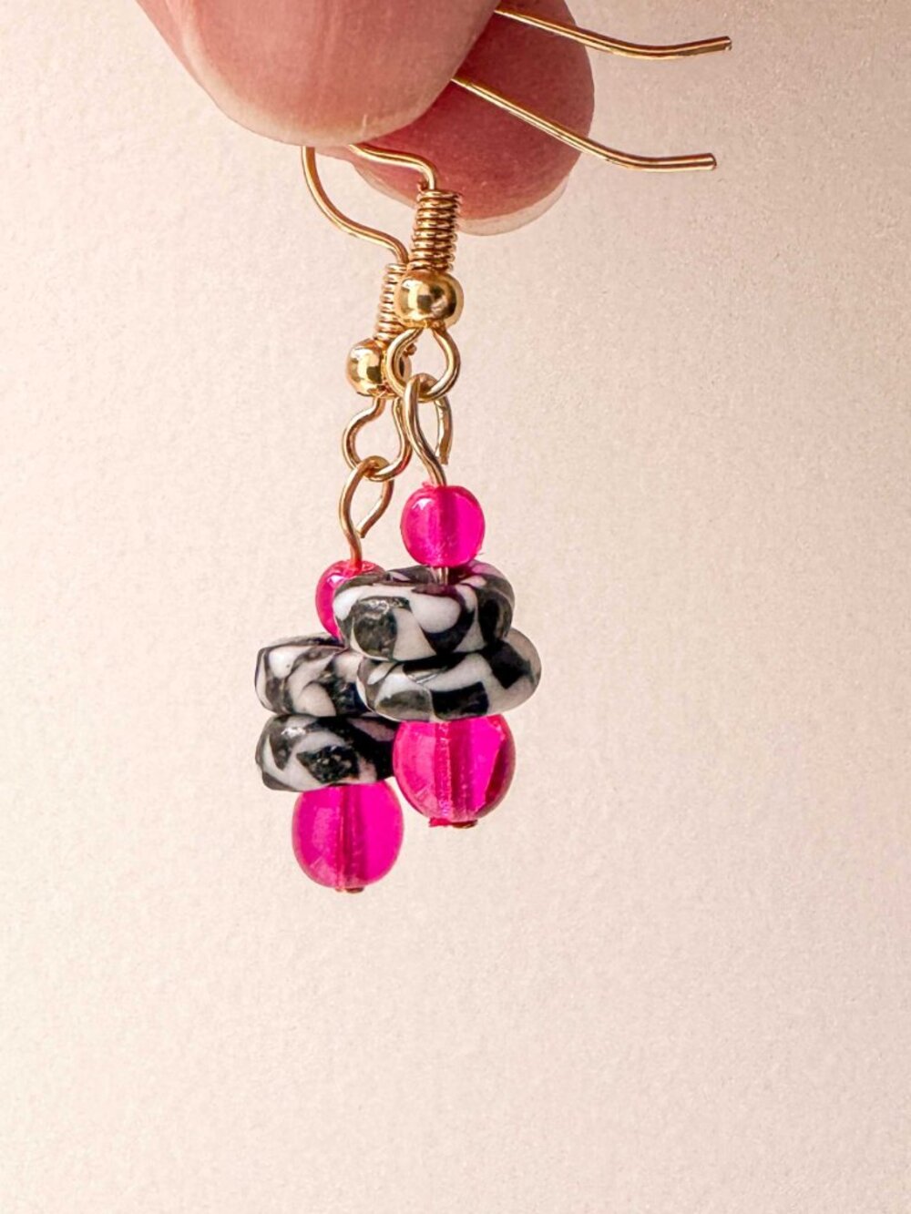 Recycled Glass Hoop Earrings Pink Black White Stainless Steel Beaded - Picture 6 of 12